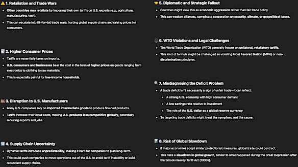 ChatGPT lists some reasons to be cautious in rolling out retaliatory tariffs.