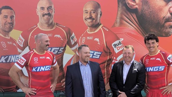 (From left to right) Dolphins prop Mark Nicholls, Wahl managing director ANZ Shaun Geddes, Dolphins CEO Terry Reader, and centre Herbie Farnworth at the unveiling of the club’s mural.