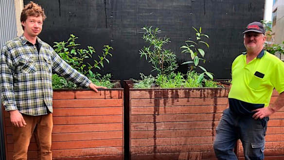 Jonas Grandinger and Cahal McLaughlin showing off three native bush tucker planter boxes commissioned by Perth Theatre Trust for NAIDOC Week. Jonas and Cahal are currently long-term unemployed and volunteering with GWR. With this commission GWR was able to provide them both with two weeks' paid work and is working hard to create more long-term sustainable employment for both of them. 
