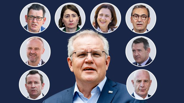 National cabinet comprised Prime Minister Scott Morrison, and state and territory leaders clockwise from bottom left: Mark McGowan (WA), Andrew Barr (ACT), Daniel Andrews (Vic), Gladys Berejiklian (NSW), Annastacia Palaszczuk (Qld), Steven Marshall (SA), Michael Gunner (NT),  Peter Gutwein (Tas).