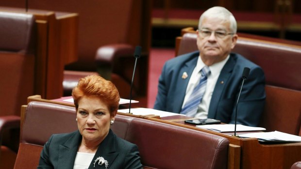 Senators Pauline Hanson and Brian Burston in the Senate last year.
