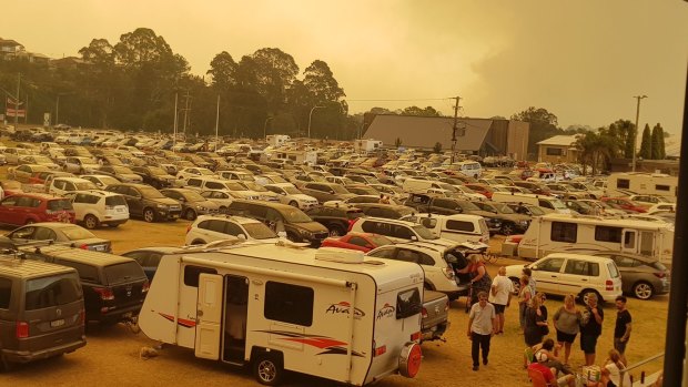The evacuation point for Batemans Bay residents, the Hanging Rock Sports Club Function Centre, on Tuesday morning. 