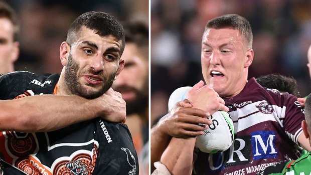 Wests Tigers prop Alex Twal (left) and Manly Sea Eagles forward Sean Keppie.