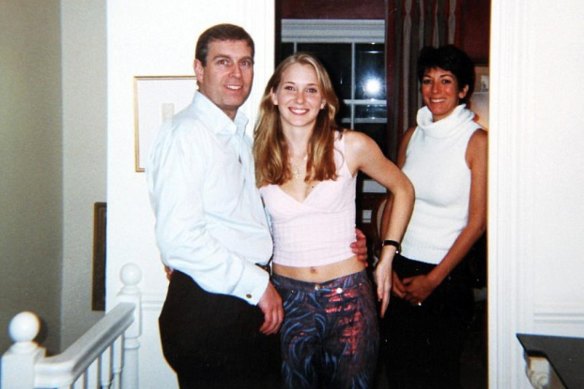Prince Andrew with Virginia Giuffre, then Virginia Roberts, at the London home of Ghislaine Maxwell (right) in 2001.