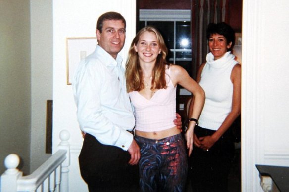 Prince Andrew pictured with Virginia Giuffre, then Virginia Roberts, at the home of Ghislaine Maxwell, right, in London in 2001.  