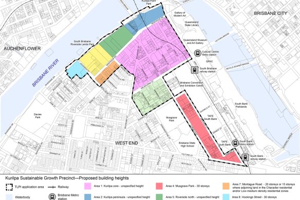 How Brisbane City Council views South Brisbane’s new Kurilpa Peninsula with buildings without maximum storey heights in the centre and 50 storeys elsewhere. However anything above the existing flood heights must meet Green Code building codes to win approval.