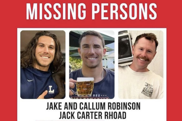 A missing persons poster for Australian brothers Jake and Callum Robinson and American Jack Carter Rhoad.