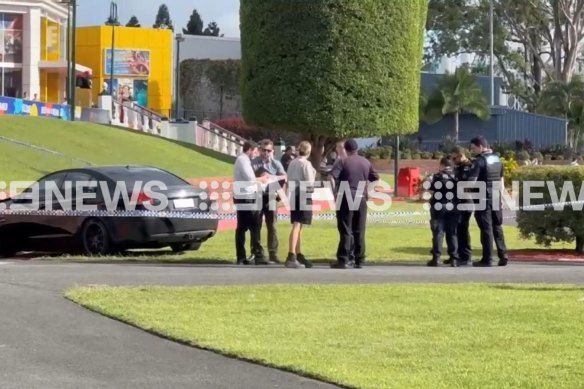 Police at the scene of an alleged road rage incident at Dreamworld on the Gold Coast.
