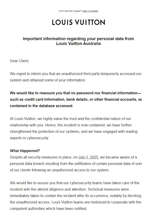An email that Louis Vuitton sent to customers informing them of a data breach.