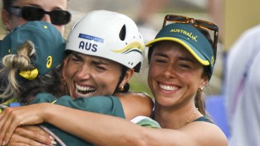 Jessica Fox celebrating with Mum and sister after she won gold for the women’s canoe final at the Vaires Sur Marne Nautical stadium in France.