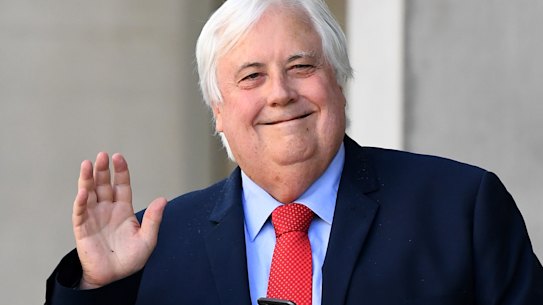 Businessman Clive Palmer gestures as he leaves the Supreme Court in Brisbane, Tuesday, July 16, 2019. 