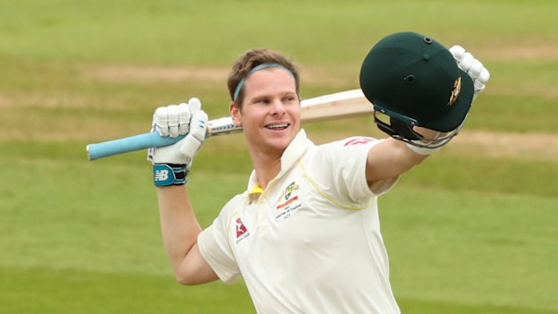 Steve Smith celebrates after scoring his second ton during the Edgbaston Test.