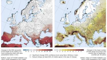 Modelling predicts more dry spells (left) and more heat waves (right) in Europe.