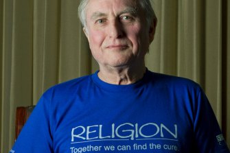 Dawkins wearing a T-shirt from his Foundation for Reason and Science.