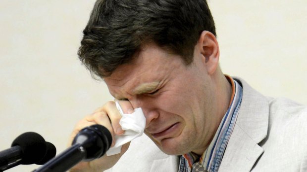 Otto Warmbier cries while speaking to reporters in Pyongyang, North Korea in February 2016.