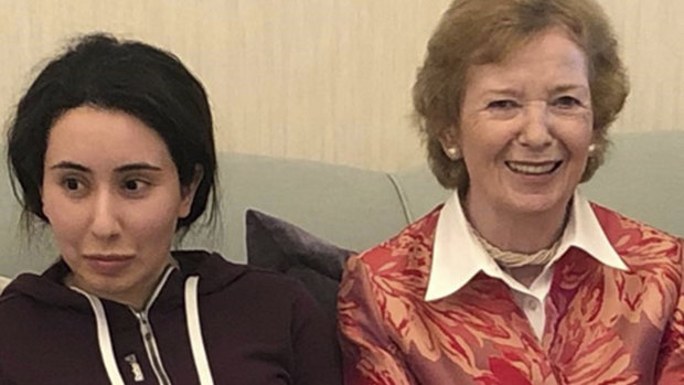 A photo released by the UAE showing Sheikha Latifa bint Mohammed al-Maktoum, a daughter of Dubai's ruler, with Mary Robinson, a former United Nations High Commissioner for Human Rights and former president of Ireland.