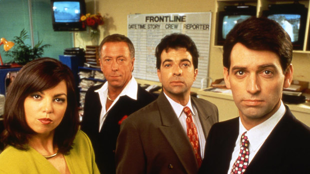 Jane Kennedy, Steve Bisley, Tiriel Mora and Rob Sitch in the acclaimed current affairs satire Frontline.