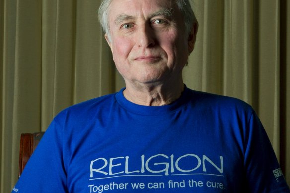 Dawkins wearing a T-shirt from his Foundation for Reason and Science.