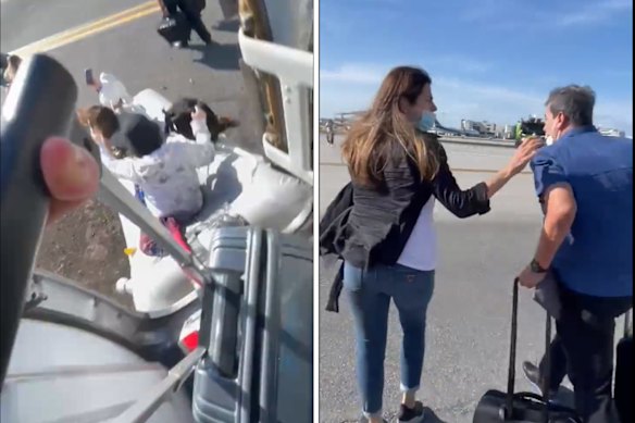 Video posted on social media shows passengers wheeling suitcases off burning plane in Miami in 2022.