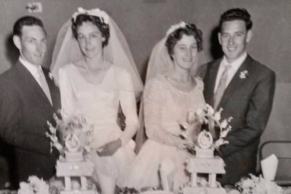 Marion and Leigh (left) with Helen and Don at their double wedding in 1959. 