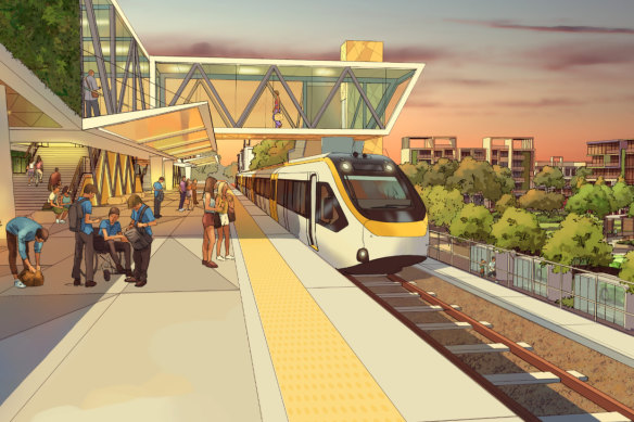 An artist’s impression of a station along the Direct Sunshine Coast Rail Line, proposed to link commuters from Maroochydore into the existing North Coast Line toward Brisbane.