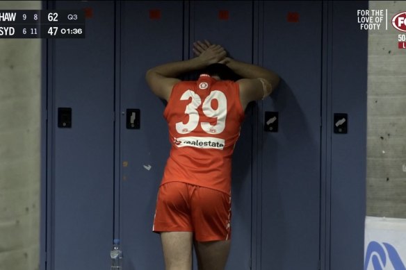 Paddy McCartin in the Sydney rooms after being subbed out with concussion.