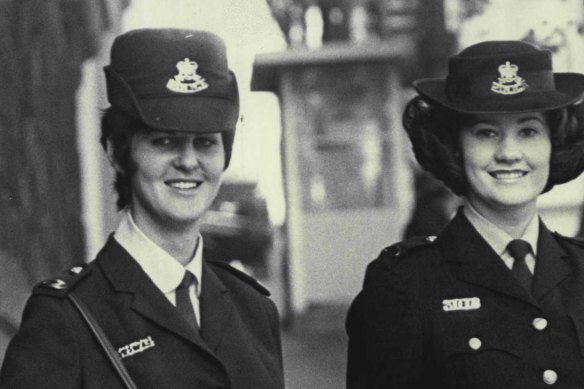 Colleen Woolley (left) and colleague Carol Akers in 1971 as police officers. Woolley has been a justice of the peace for decades.