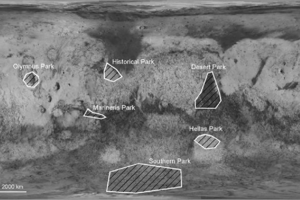 The location of proposed “planetary parks” on Mars to protect areas of space wilderness from spacecraft or scientific damage.