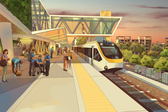 An artist’s impression of a station along the Direct Sunshine Coast Rail Line, proposed to link commuters from Maroochydore into the existing North Coast Line toward Brisbane.