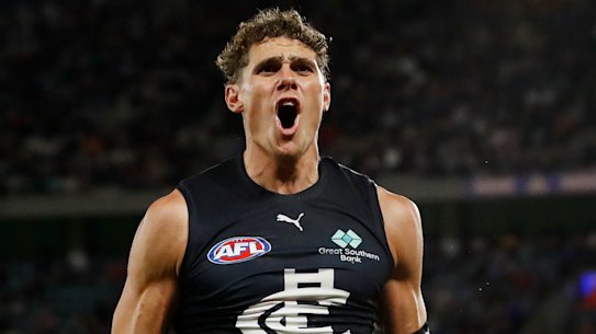 Five goals: Charlie Curnow kicked a bag for the Blues.
