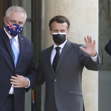 Keeping the French option alive: Prime Minister Scott Morrison with French President Emmanuel Macron before their June 2021 meeting at the Elysee Palace in Paris.