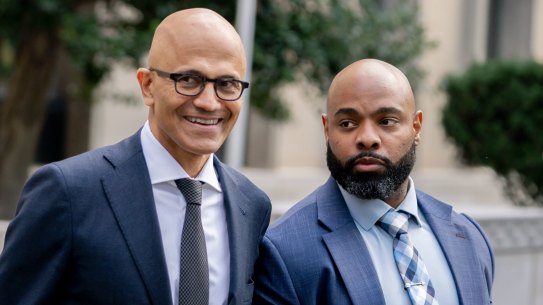 Microsoft CEO Satya Nadella (left) as he departed from federal court in Washington, after giving his testimony against Google.