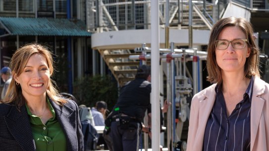 Claudia Karvan (left) and Kelsey Munro on the set of Bump at Sydney Secondary College Blackwattle Bay Campus in Glebe.
