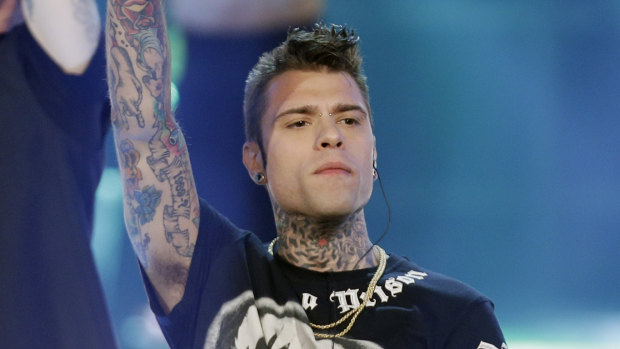 Italian rapper Fedez perform during the Italian State RAI TV program “The Voice of Italy”, in Milan, Italy.