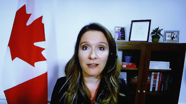 Katie Telford, Canada's chief of staff, speaks by video conference before the House of Commons standing committee in Ottawa, Ontario, Canada.