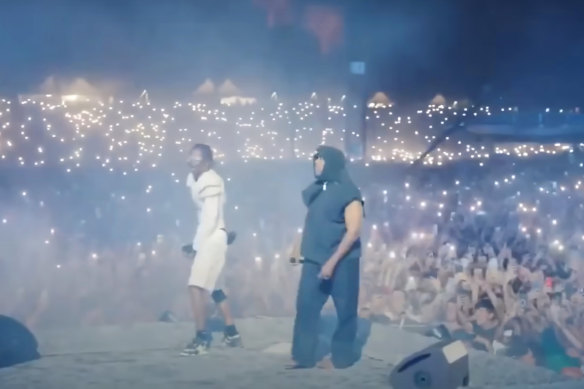 US rapper Travis Scott is joined by Ye, formerly known as Kanye West, during his concert in Rome, Italy.