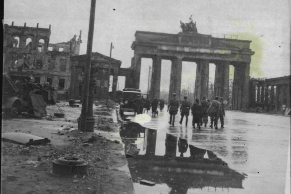 Allied bombing damage in Berlin, 1945.