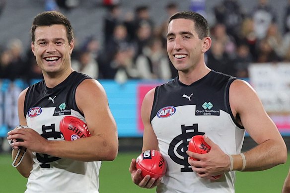 Jack Silvagni (left) has eased the defensive load on Jacob Weitering.