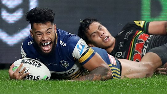 Former Panther Waqa Blake kick-starts the Eels' stunning comeback with a try in the 62nd minute.