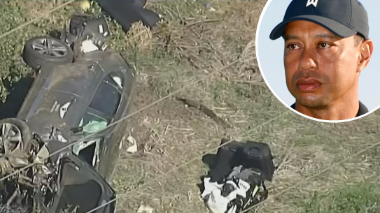 Tiger Woods and the scene of his roll-over car crash in LA Los Angeles.
