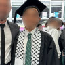 The 17-year-old wearing the scarf at his graduation ceremony in September.