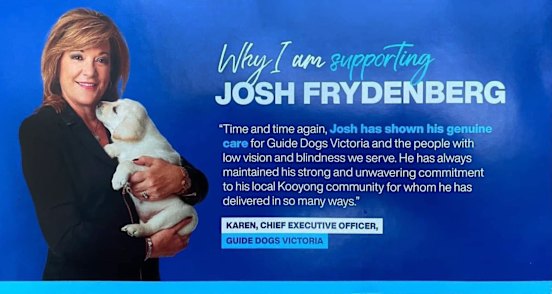 Guide Dogs Victoria chief executive Karen Hayes appeared on Liberal Party pamphlets endorsing Josh Frydenberg.