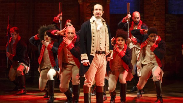 Lin-Manuel Miranda with the cast during a performance of Hamilton, in New York.