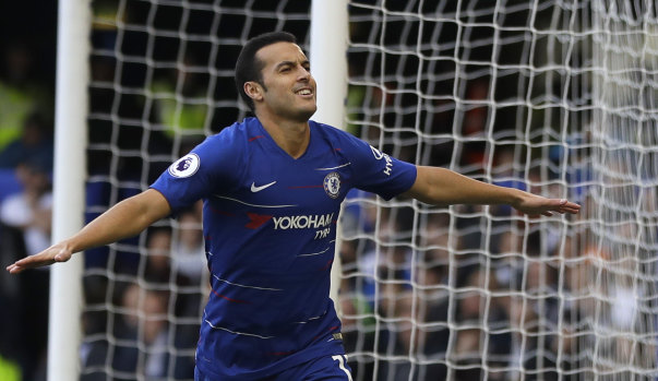 Chelsea's Pedro celebrates after scoring his side's first goal against Fulham at Stamford Bridge on Sunday.