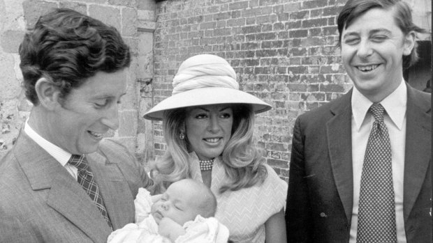 Anthony Tryon and his wife Dale, 'Kanga', with the Prince of Wales and his godson Charles Tryon after his baptism, 1976.