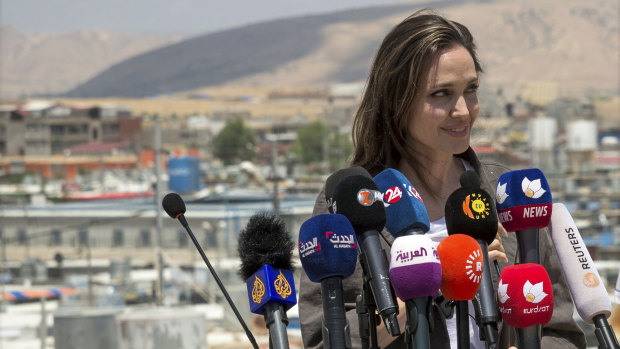 Special Envoy of the United Nations High Commissioner for Refugees (UNHCR), Angelina Jolie, gives a press conference in the Domiz camp for Syrian refugees.