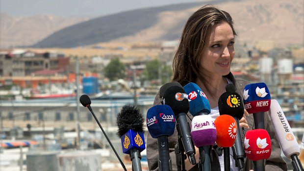 Special Envoy of the United Nations High Commissioner for Refugees (UNHCR), Angelina Jolie, gives a press conference in the Domiz camp for Syrian refugees.