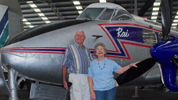 Sir Reginald Barnewall and Lady Maureen Barnewall with the de Havilland Dove he flew for Southern Airlines.