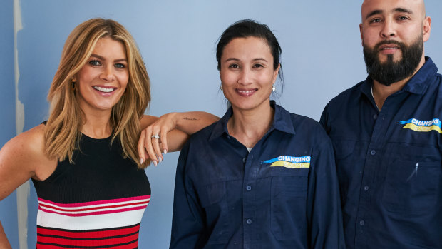 Changing Rooms host Natalie Bassingthwaighte with two contestants.