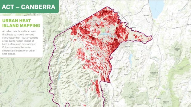 The heat map of Canberra, with darker colours increasing the hottest parts.